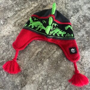 Turtle Fur Kids Dinosaur Knit Trapper Hat Fleece Lined Earflap Beanie Red Black